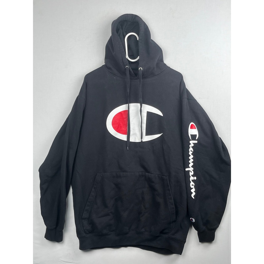 Champion Mens Big Logo Pullover Hoodie Black Size XLT Authentic‎ Athleticwear